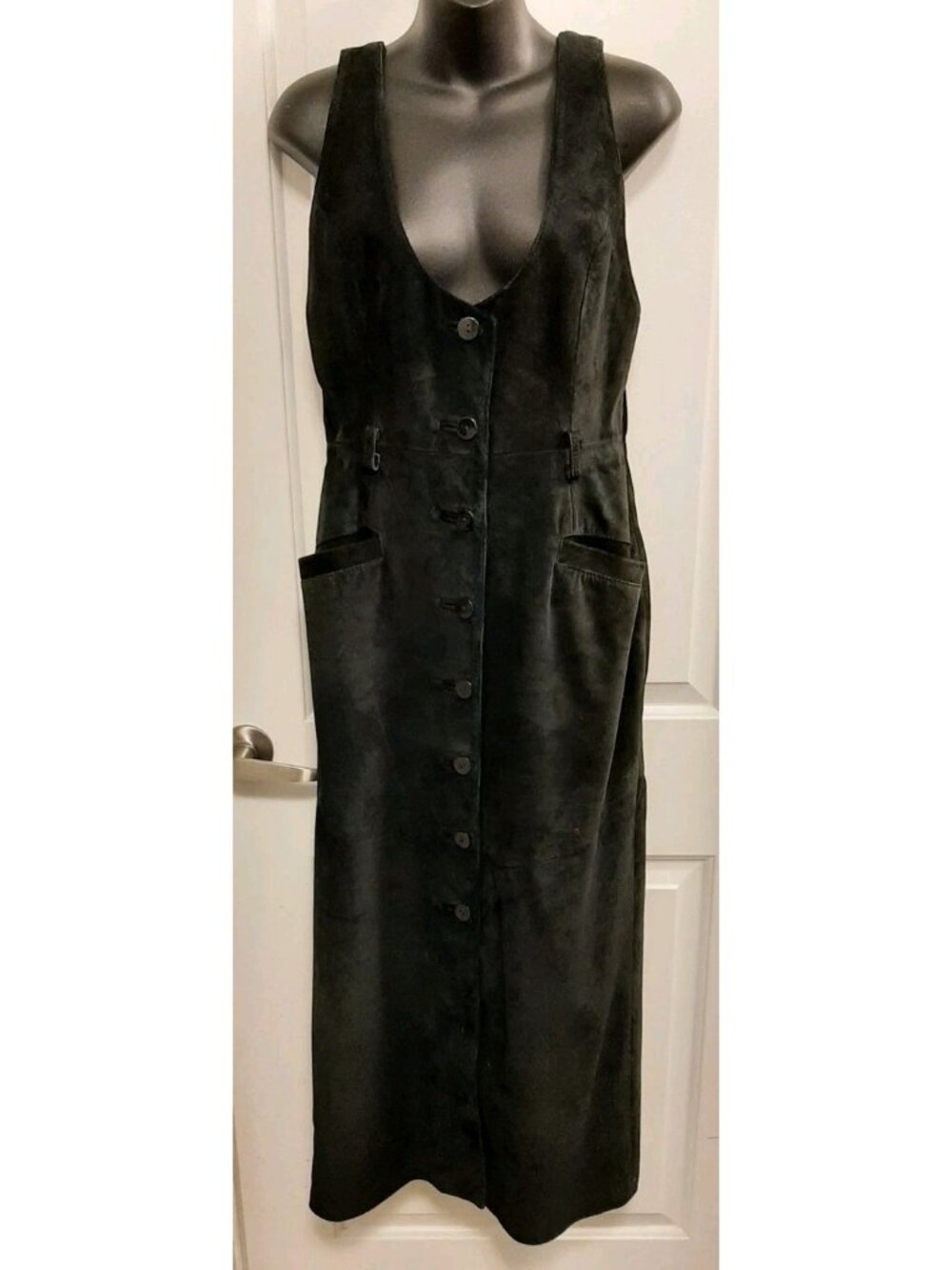 Vintage Danier Black Suede Leather Jumper Dress Button Front Size Medium